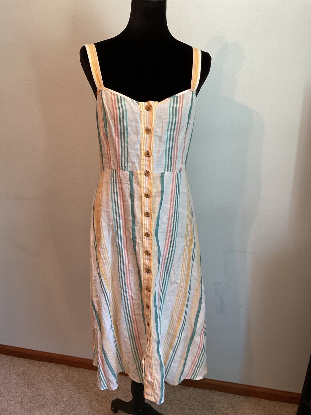Madewell Linen Fitted-Bodice Midi Dress 2 Stripe Vintage Button Front Sun L3446